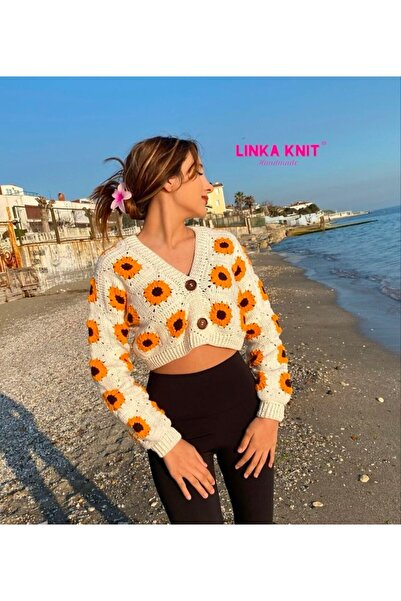 linka El yapımı örgü,motif mevsimlik hırka,Ayçiçeği çiçekli hırka