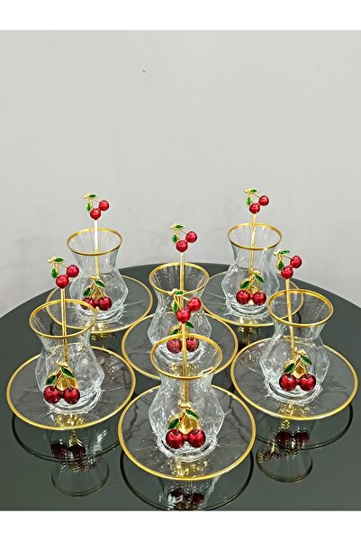 PARILTI HOME COLLECTİON LAV ALYA 18 PARÇA KİRAZLI ÇAY SETİ ÇAY KAŞIKLI