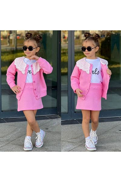 sinmm Girl's 3-Piece Skirt Quilted Suit Pink Color Special Production