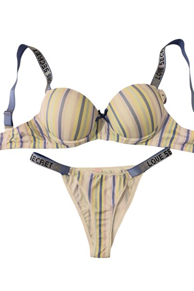 enmodaiçgiyim Multicolored Striped Rhinestone Padded Women's Bra Set