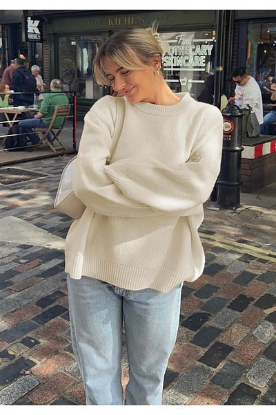 Gülce moda Pulover supradimensionat din tricotaje cu gât crew EKRU