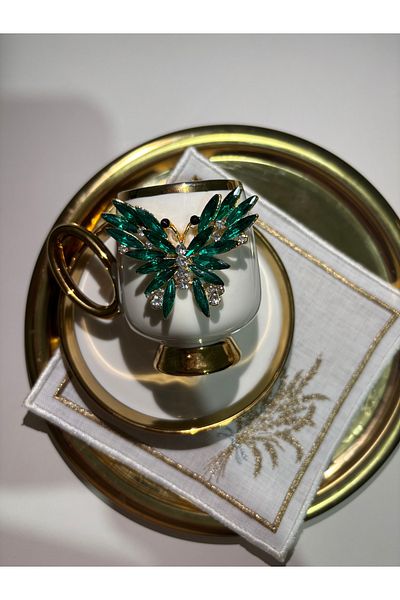 EŞİYOK 2' Special Design Crystal Stone Green Butterfly and Green Swan Decorated Gold Detailed Coffee Cup