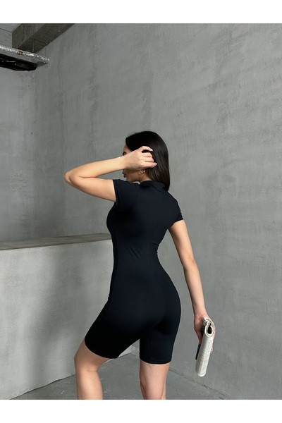 SEVENLINE Kadın Siyah  Fermuarlı Toparlayıcı Esnek Şort Tulum