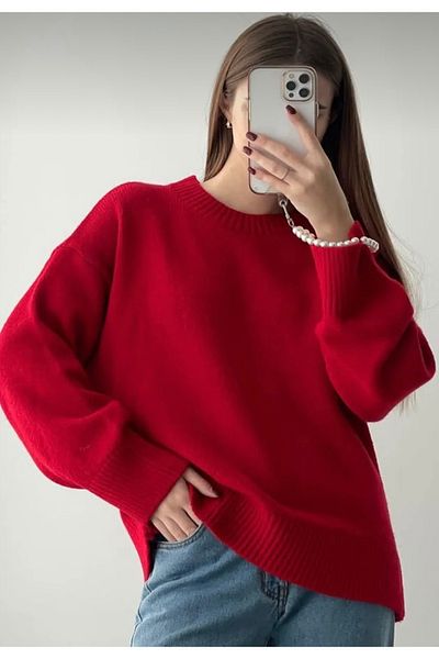 Gülce moda Pulover roșu de tricotaje supradimensionate cu gât roșu