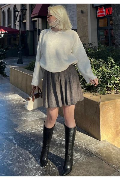 Gülce moda Pulover supradimensionat din tricotaje cu gât crew EKRU