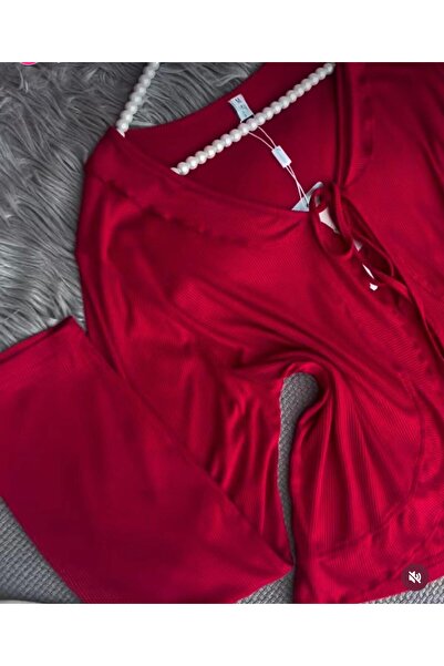 HayZey Butik Askılı Kırmızı Pijama Takımı 3 lü