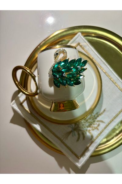 EŞİYOK 2' Special Design Crystal Stone Green Butterfly and Green Swan Decorated Gold Detailed Coffee Cup