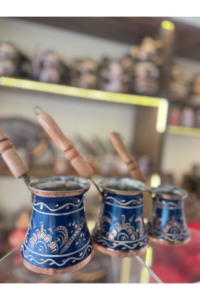 Home Bakır Cezve Takımı Üçlü Set Siyah Gümüş İşlemeli Mavi