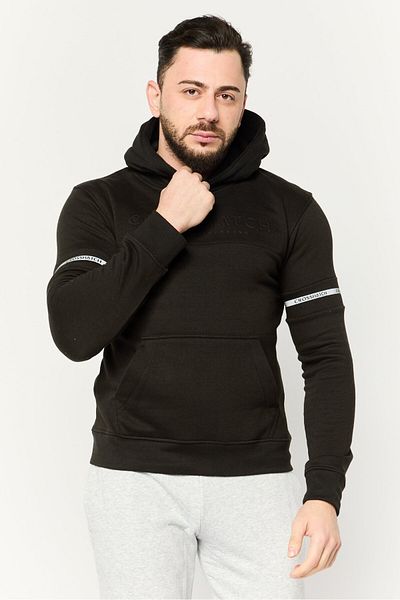 Crosshatch Men Embossed Print Fleece Hoodie, Black