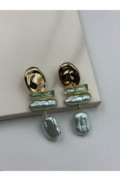 Lumiera Water Green and Gold Detailed Stone Pearl Dangle Earrings