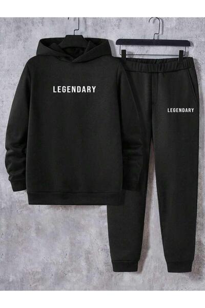 Marco Fresco Unisex Black Legendary Printed Hooded Bottom-Top Set Tracksuit Set