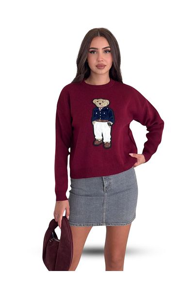 EyShan Teddy Bear Ursuleț de pluș Tricotaj de mărime standard cu model Pulover de damă roșu Claret