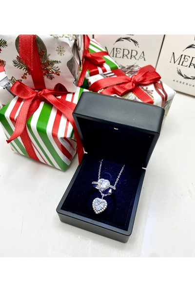 merraaksesuar Işıklı Kutuda Kalpli Ayarlanabilir Yüzük ve Kolye Sevgililer Gü...