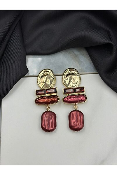 Lumiera Bordo ve Gold Detaylı Taşlı İncili Sallantılı Küpe