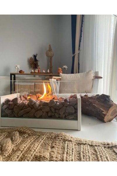 Edlab Masa Üstü Şömine Metal Beyaz - Siyah Taşlı Yakıt