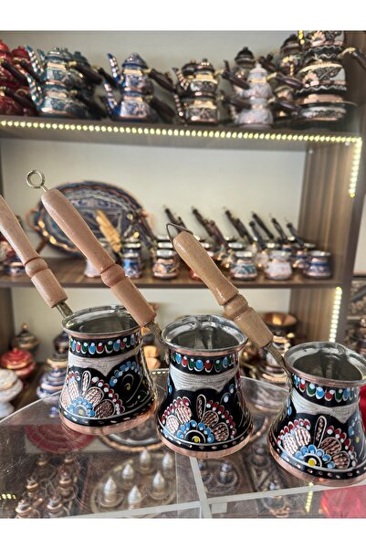 Home Bakır Cezve Takımı Üçlü Set Siyah Gümüş İşlemeli