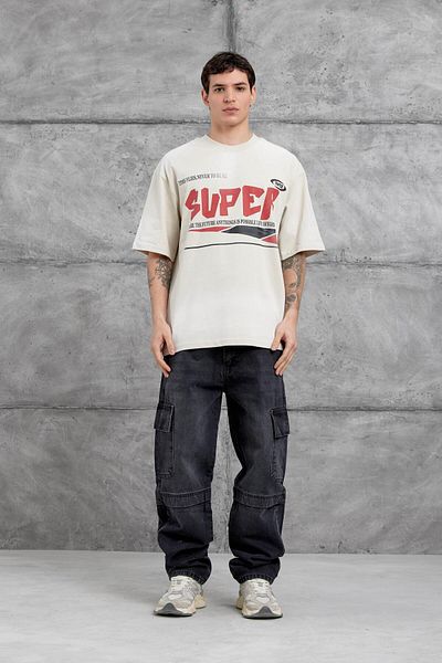 NOMARC Κρεμ Super Γραμμένο Oversize Tshirt