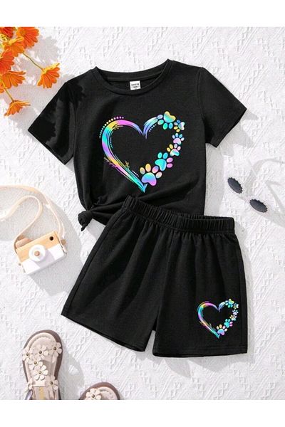renkli diyar Girl's Bottom Top Summer Suit Printed Tee and Shorts