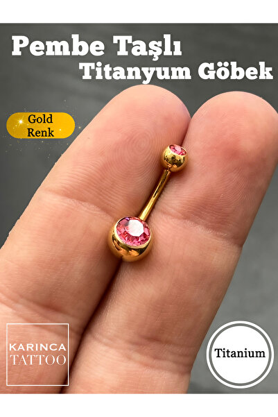 Karınca Piercing Pembe Taşlı Altın Rengi Titanyum Göbek Piercing