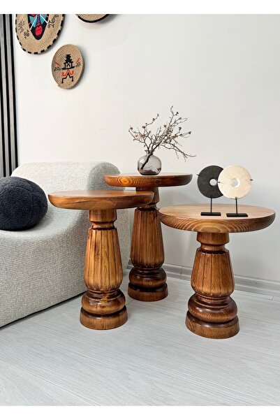 ASELYA HOME Doğal Ahşap 3’lü Set Mantar Yan Sehpa Modern Açık Ceviz Fiskos Zi...