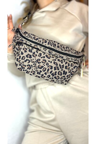 Tuvita Collection Bodrum %100 Gerçek Süet Deri El Yapımı Leopar Desenli Kadın somon Bel Çantası Iki Gözlü Freebag