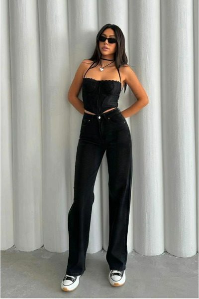 WODDİ Fadeless Black Lycra Wide Leg Jeans - Loose Wide Leg Jeans