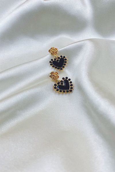 Eylülün Takısı Gold Color Black Heart Dangle Earrings