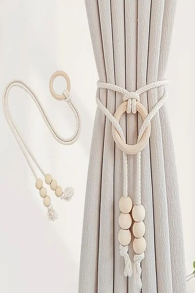 Emtory Home Wooden Curtain Ornament with Beads and Rings - Bohemian Curtain Accessory - Curtain Tie - 1 Piece