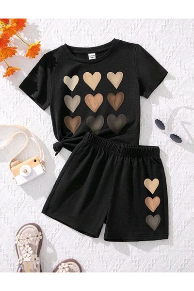 renkli diyar Girl's Bottom Top Summer Suit Printed Tee and Shorts