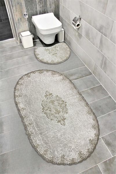 FeelHome Σετ 3 Super Luxury Οβάλ Χαλάκι Μπάνιου - Αντιολισθητική Βάση Milas, Λεπτομέρεια από βελούδινη δαντέλα, εκρού
