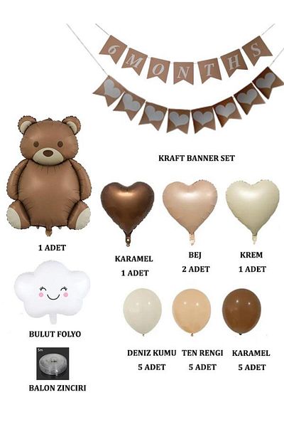 Patladı Gitti Half Age Retro Birth Set - Teddy Bear Foil, Banner, Heart Foil and Latex Balloon