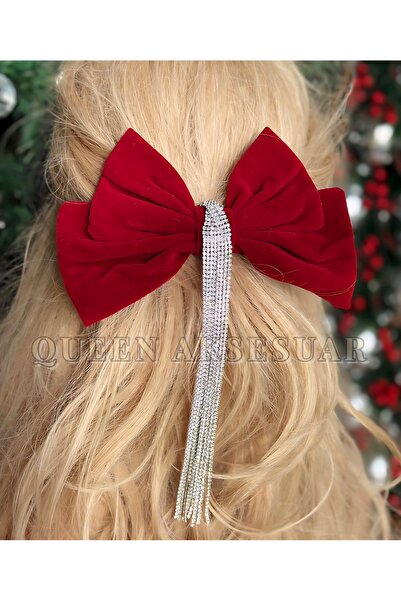 QUEEN AKSESUAR Red Suede Velvet Bow Women's Hairpin with Stone Hanging Long C...