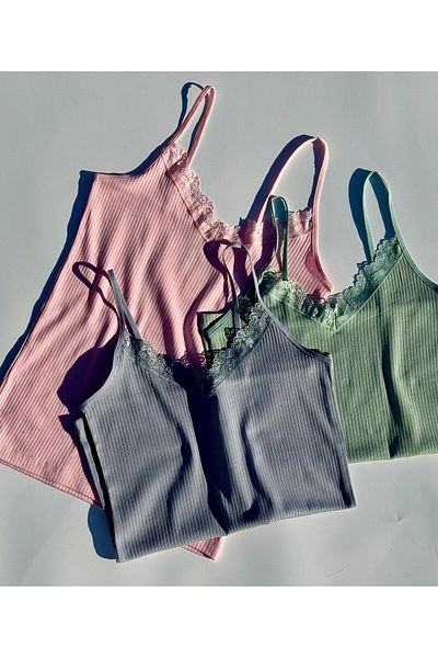 VicTroy Lacy 3-Piece Rope Strap C. Green, Light Blue and Pink Corded Women's Undershirt