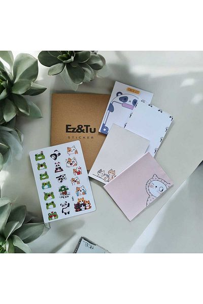 Ez&Tu Stıcker School Panda - Cat Pattern 4-Piece Note Pad Set with Label Sticker and Pull-And-Pull Block Note