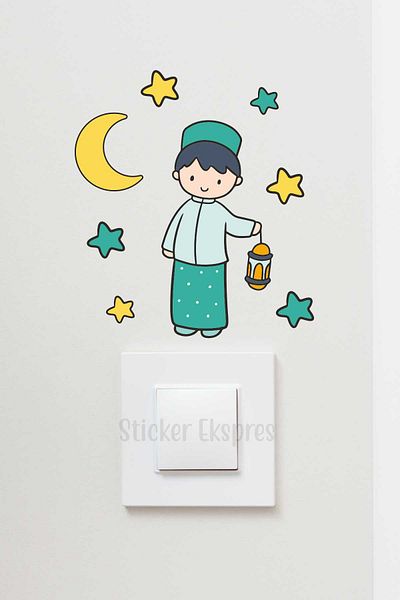 Sticker Ekspres Boy Holding Lantern and Stars R6 Ramadan Socket Top Sticker Glass Wall Sticker