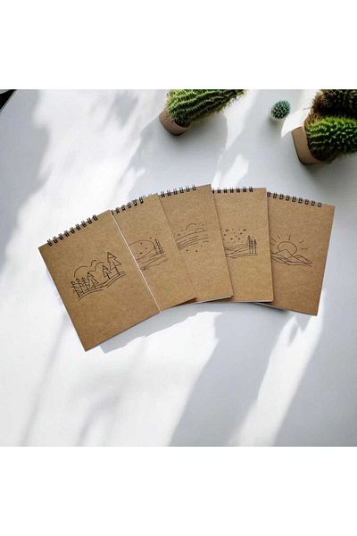 Ez&Tu Stıcker Set of 5 Kraft Notebooks - 10X14 Cm, 64 Sheets, No Line, Black Spiral Cover Notebook