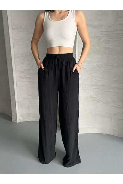 FERZOLAİO Seersucker Oversize Black Trousers