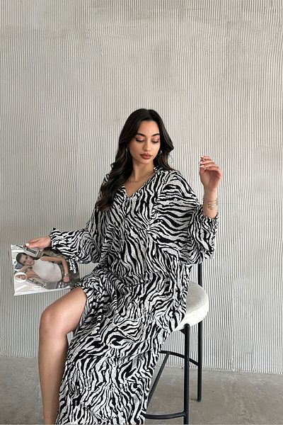 ASEDE 100% Viscose Bohemian Alaçatı Dress Buttoned Black and White Viscose Dress Suitable for Hijab