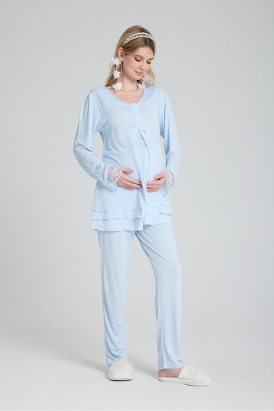 Effortt EFFEORT Venera Lohusa Hamile Pijama Seti Zarif Dantel Detaylı 4 Parça Pijma Gecelik Seti