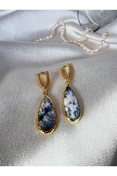 Feyz Tasarım Dandritli Agate Taşı Özel Damla Kesim Tasarım Küpe