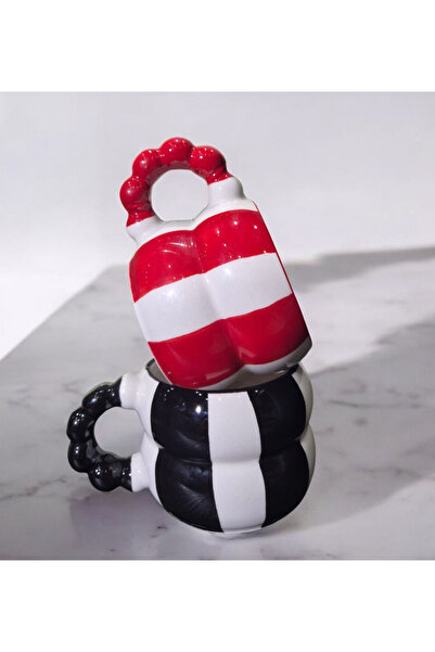 İZart 2 ' Lİ KATMERLİ BONCUK KULP KIRMIZI - SİYAH ŞERİT DESENLİ El İşlemeli Seramik Kupa