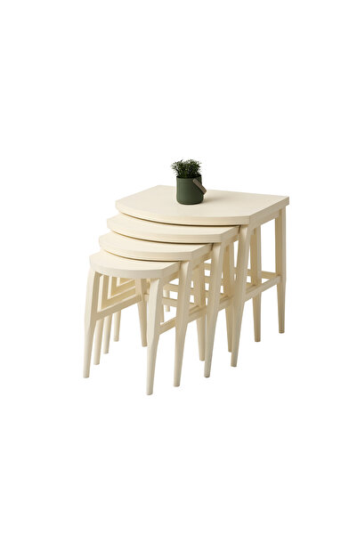 Viento Mobilya Pelikan Zigon Sehpa Krem Renk 4'lü Set, Krem Ahşap Ayak, İç İç...