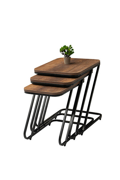 Viento Mobilya Pars Zigon Sehpa Barok Ceviz Desen 3'lü Set, Tekerli Siyah Met...