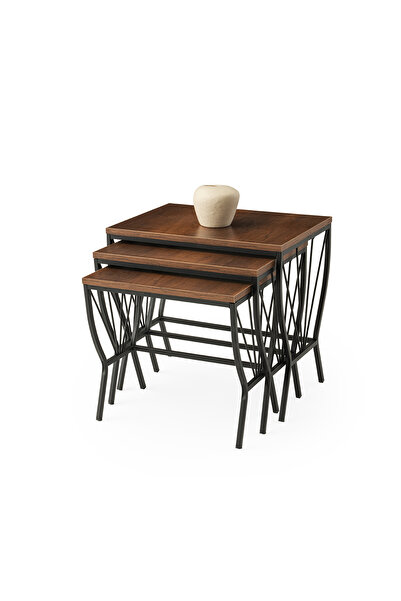 Viento Mobilya Yelpaze Zigon Sehpa Barok Ceviz Desen 3'lü Set, Siyah Metal Ay...