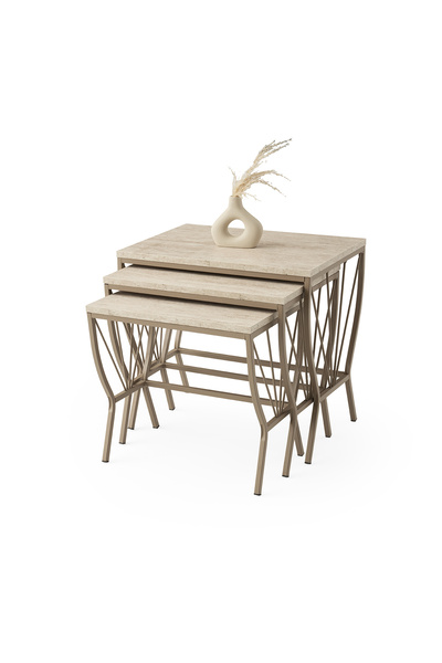 Viento Mobilya Yelpaze Zigon Sehpa Sidon Desen 3'lü Set, Cappicino Metal Ayak...