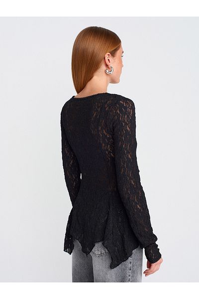 Dilvin 60433 Buttoned Peplum Lace Cardigan-Black