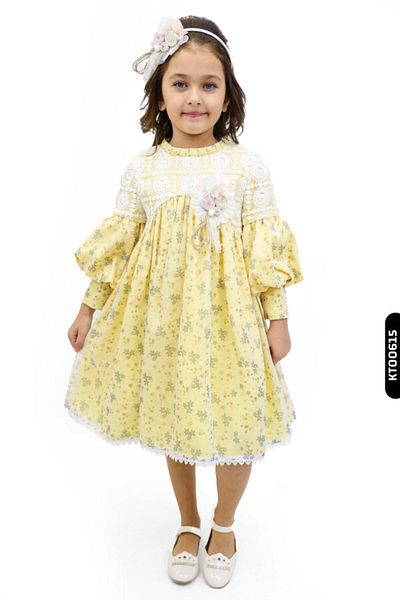 XO Kids Rochie pentru fetiță de 3-7 ani cu imprimeu floral - mâneci cu șnur, guler și volane 884