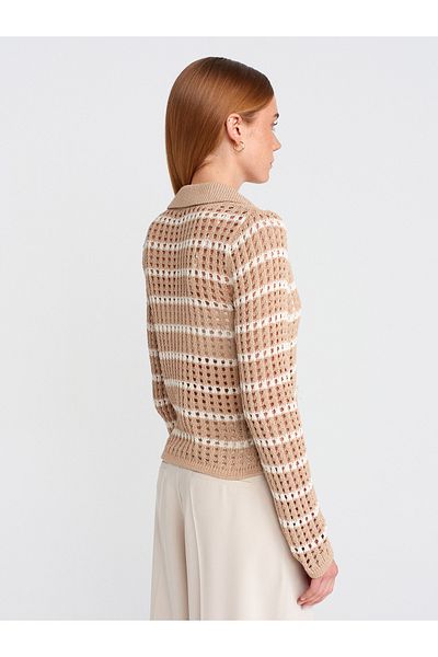 Dilvin 10724 Polo Neck Openwork Buttoned Knitwear Sweater-Beige-Ecru