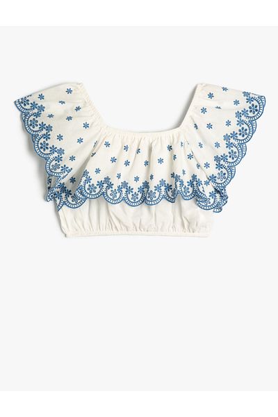Koton Crop-Bluse aus schulterfreier, gerüschter, geschichteter Baumwolle mit Blumenmuster