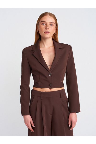 Dilvin 60760 Πόρπη με λεπτομέρειες Crop Blazer-Καφέ